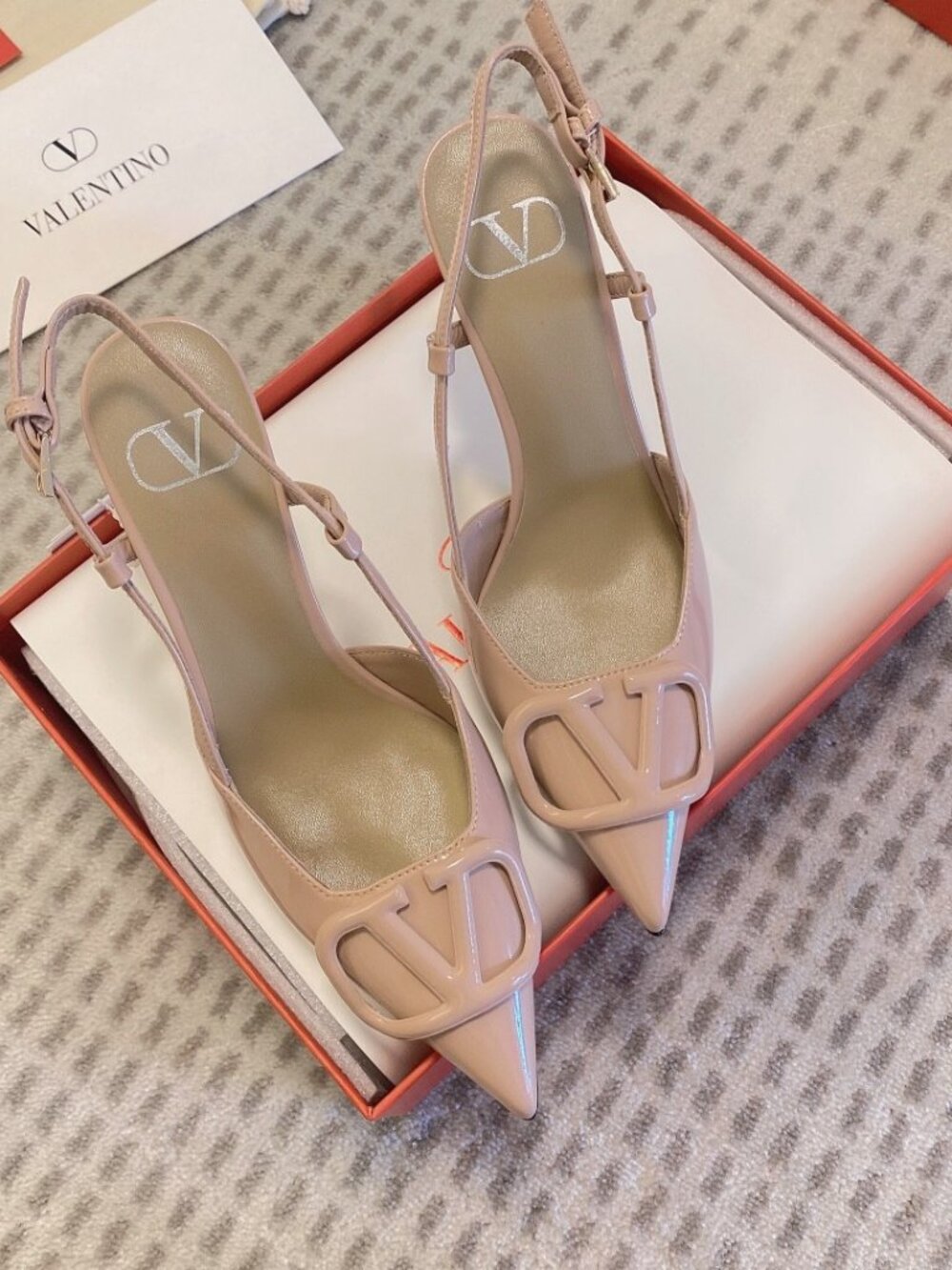 Valentino Nude Patent Leather VLogo Signature Pointed Toe Slingback High Heels